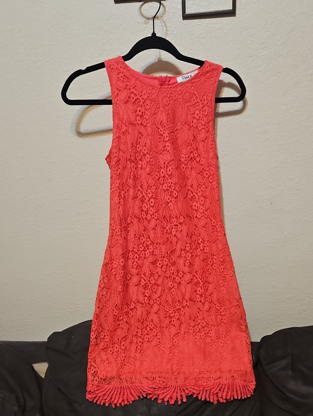 Pinky Coral Lace Shift Dress with Fringe Hem
